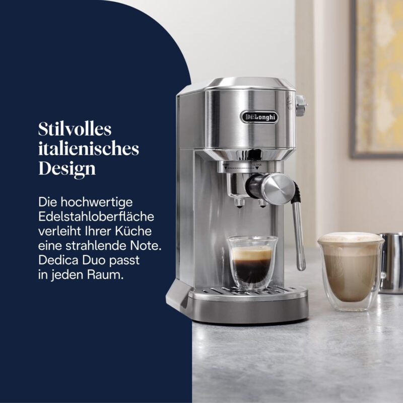 De'Longhi Dedica Style EC685.M Espresso Machine – Slim 15 cm Design, Milk Frother, 15-Bar Pressure, 1L Water Tank, Compatible with Ground Coffee & ESE Pods, Stainless Steel - Image 48