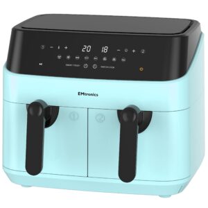 EMtronics EMAFDD9LSL Dual Air Fryer 9L - Double XL Basket, 8 Cooking Presets, 99-Min Timer, Stainless Steel, Oil-Free Healthy Cooking