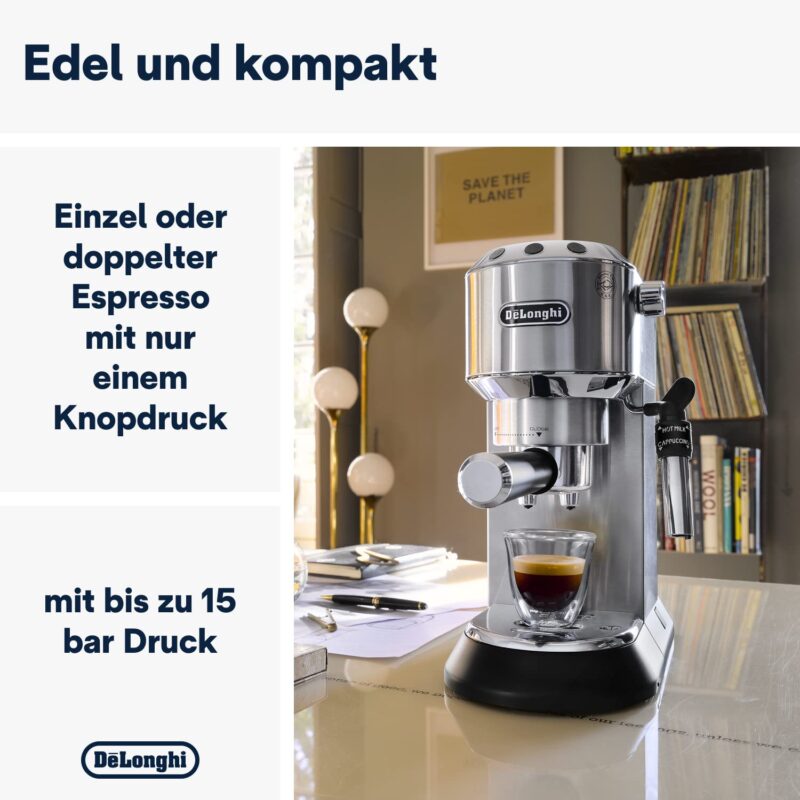 De'Longhi Dedica Style EC685.M Espresso Machine – Slim 15 cm Design, Milk Frother, 15-Bar Pressure, 1L Water Tank, Compatible with Ground Coffee & ESE Pods, Stainless Steel - Image 15