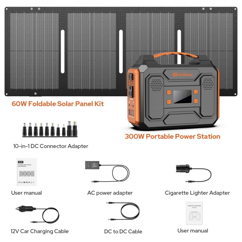 ZeroKor 300W Portable Solar Generator with 60W Foldable Panel – 280Wh Lithium Battery Power Station – Pure Sine Wave 110V AC/DC/USB Outlets – 5.1 lbs (2.3 kg) Lightweight – for RV, Home Backup, Camping - Image 16