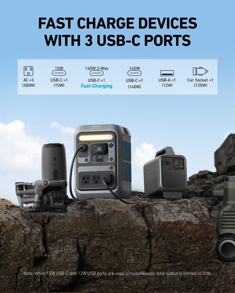 Anker SOLIX C300 Portable Power Station – 288 Wh LiFePO₄, 300 W (600 W Surge), 140 W Two-Way Fast Charge, 8-Port Solar Generator for Camping & Emergencies - Image 3